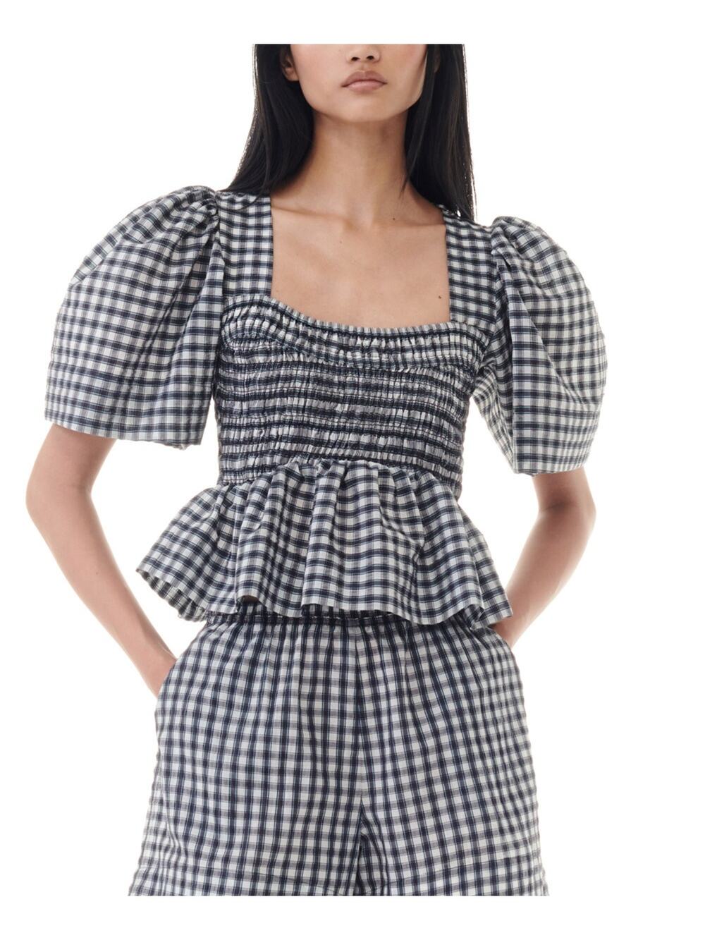 Ganni Seersucker Checked Egret Open-Neck Smock Blouse Size FR 36 / US 4